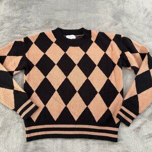 Evereve Brown Black Crew Neck Sweater Diamond Pattern XS Women's